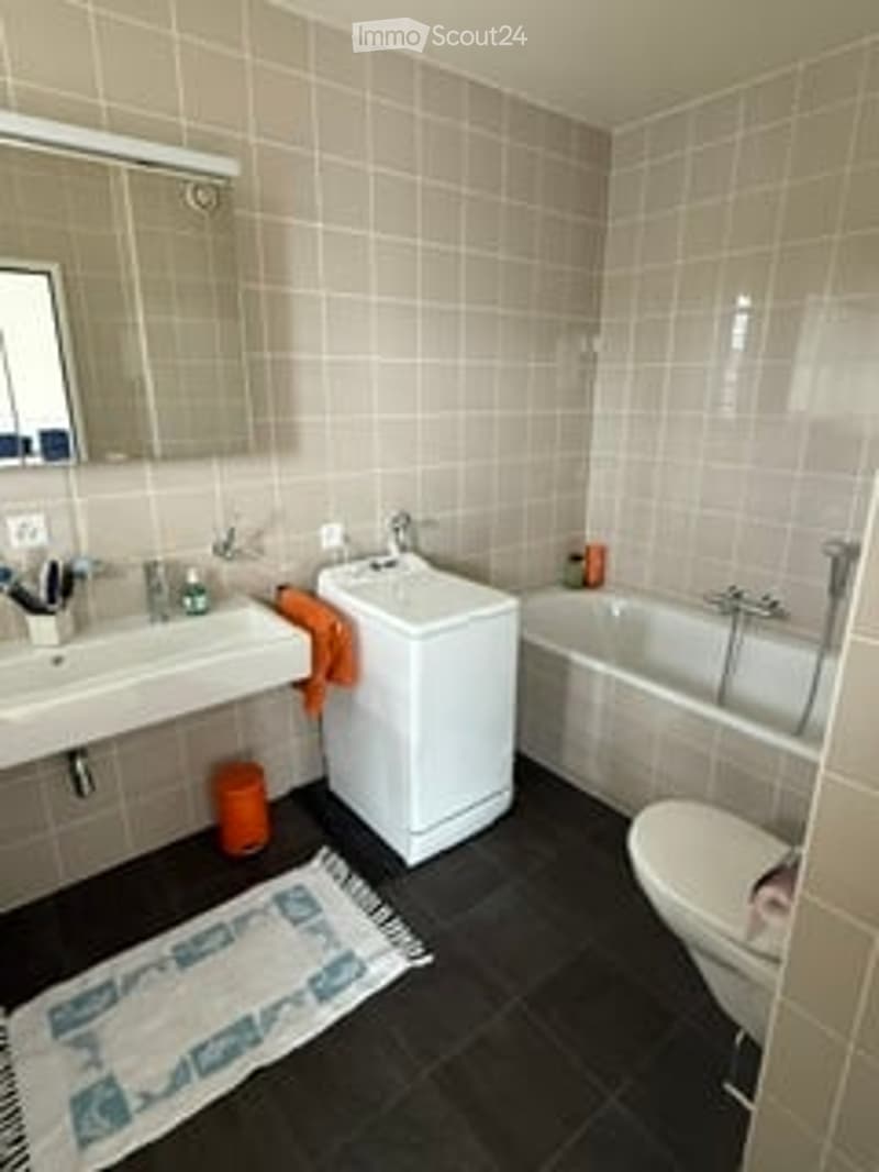 Bathroom. Bathroom with two sinks, a bathtub, a toilet, a washing machine, and a towel on the floor.