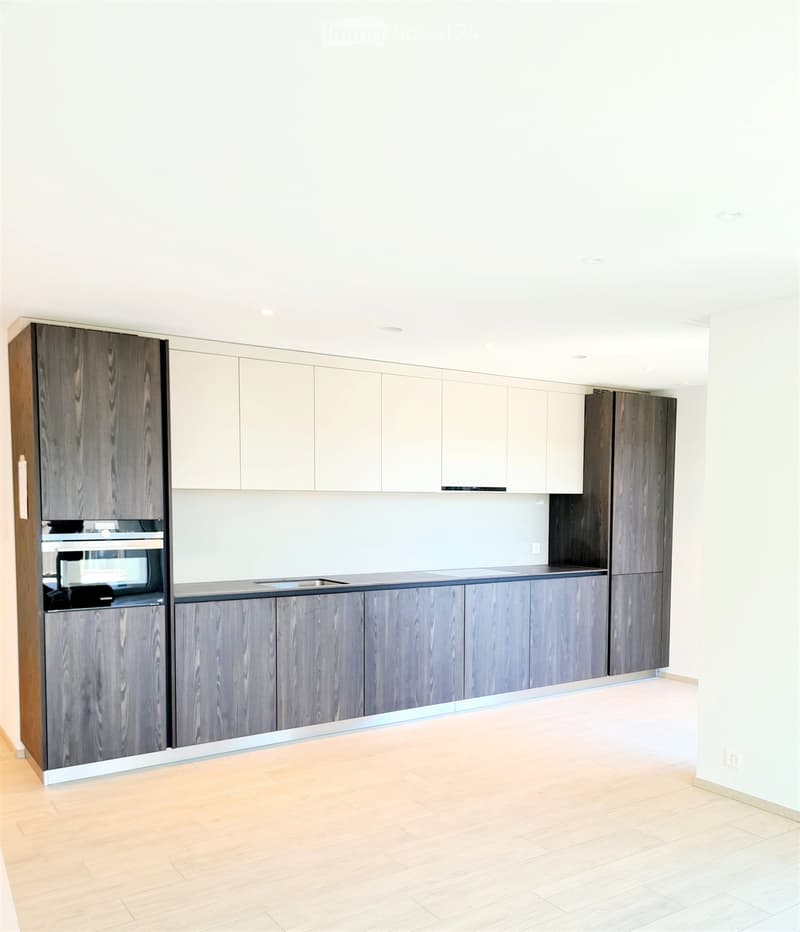 Kitchen. Modern kitchen with light wood flooring, grey and white cabinets, and a built-in oven.
