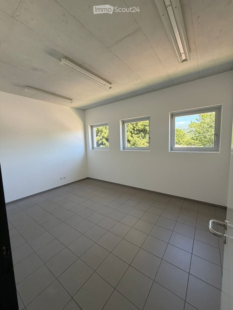Unfurnished Room. Empty room with white walls, tiled floor, and three windows offering a view of greenery.