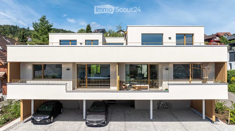 House. Modern two-story house with white facade, large windows, balcony, garage, and parking area.