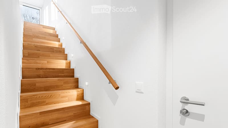 Corridor / Hallway. Modern staircase with wooden steps and a wooden handrail, white walls, and a door handle visible on the right side.