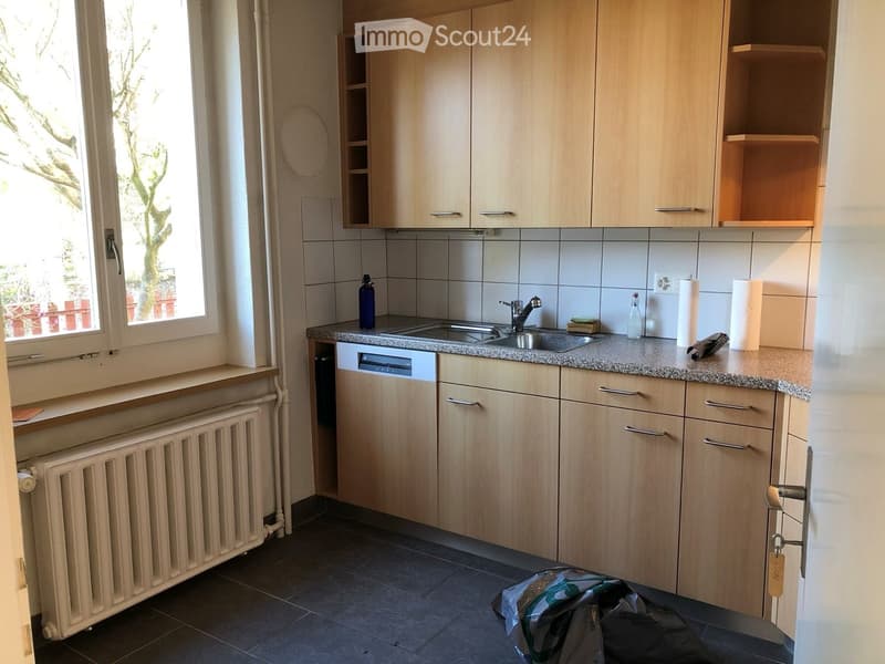 Modern kitchen with light wooden cabinets, granite countertop, sink, dishwasher, and various small items on the counter.