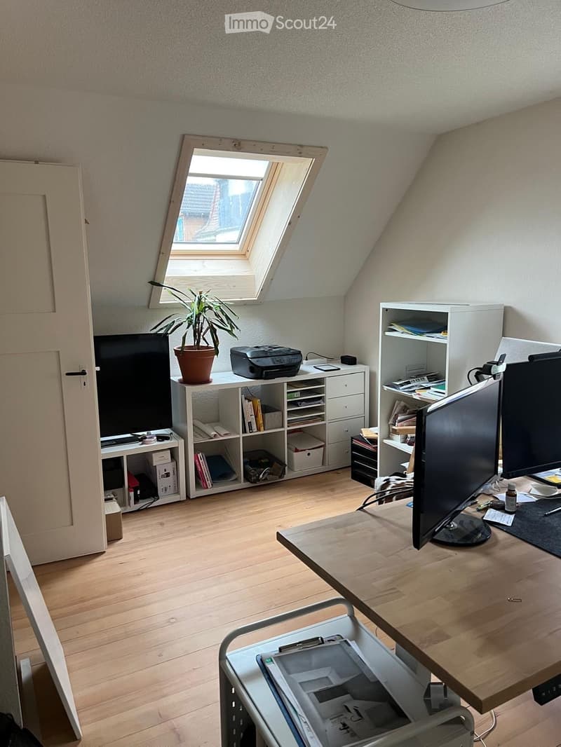 A well-lit attic room with wooden flooring, a large skylight window, a wooden table with a computer monitor, a shelf with books and a printer, and a potted plant.