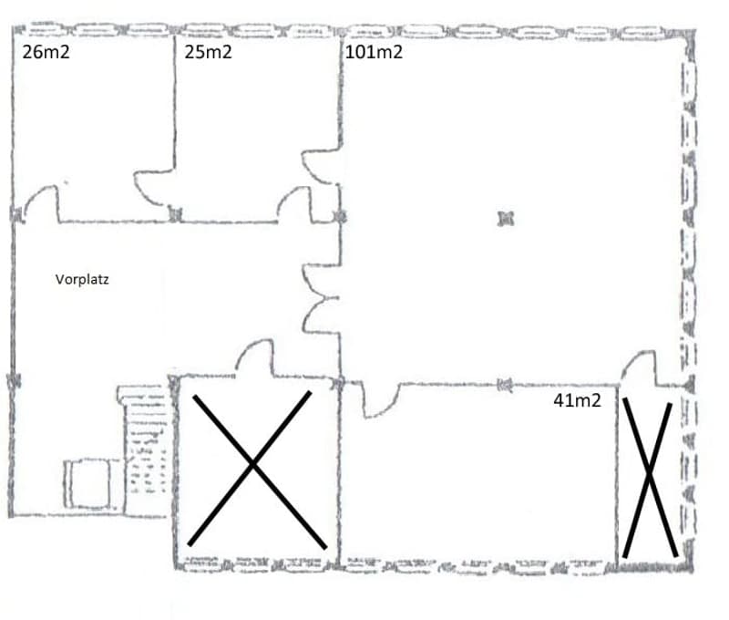 Floor plan showing a large open space (101m2), a smaller room (41m2), a hallway (25m2), and an entryway (26m2).