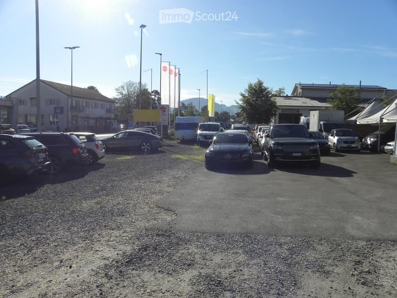 Parking lot with multiple cars, vans, and SUVs, surrounded by buildings and trees under a clear blue sky.