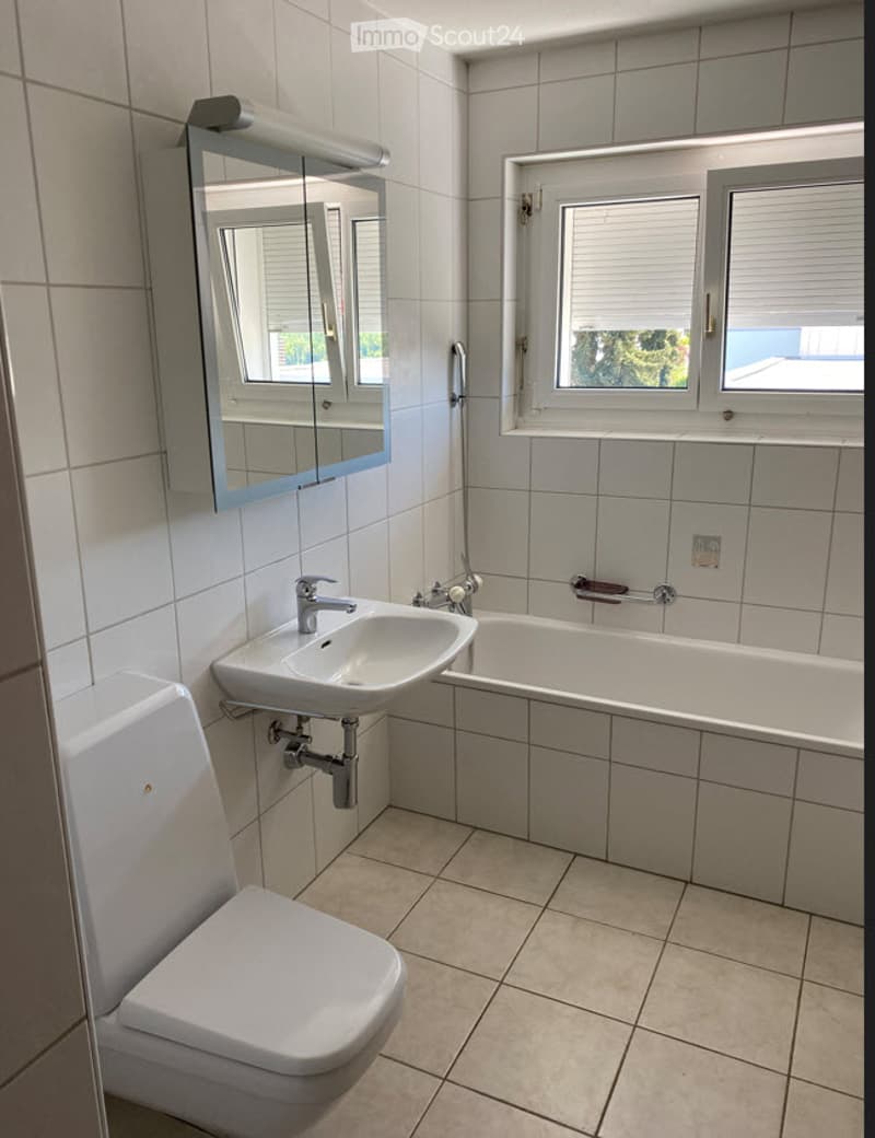 Modern bathroom with white tiles, a toilet, a sink with a modern faucet, a bathtub, and a large mirror above the sink. The room has large windows with blinds and a light fixture above the mirror.
