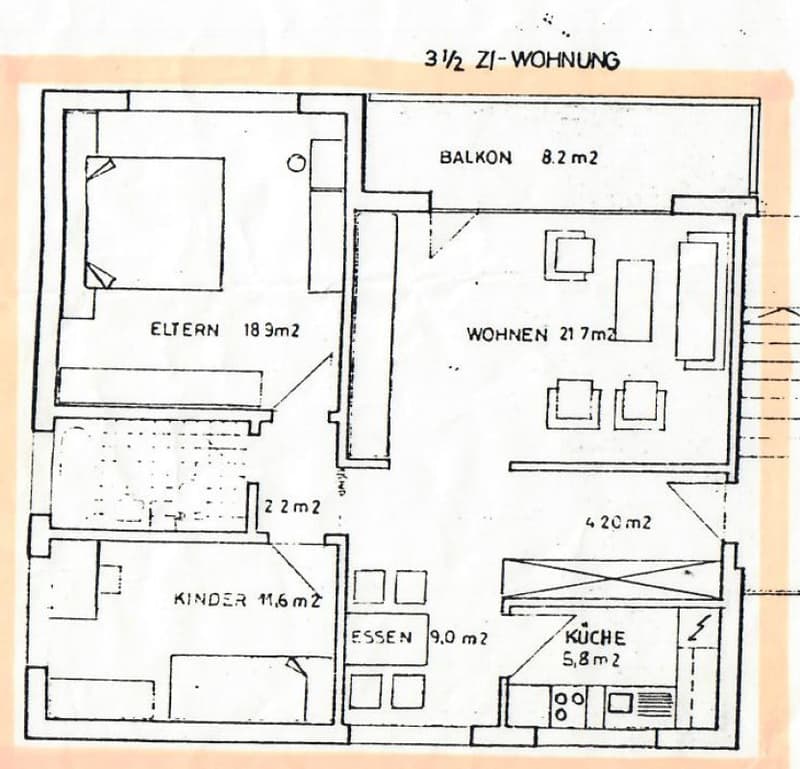 Floor plan of a 3.5-room apartment with labeled rooms: living room, kitchen, dining room, children's room, parents' room, and balcony.