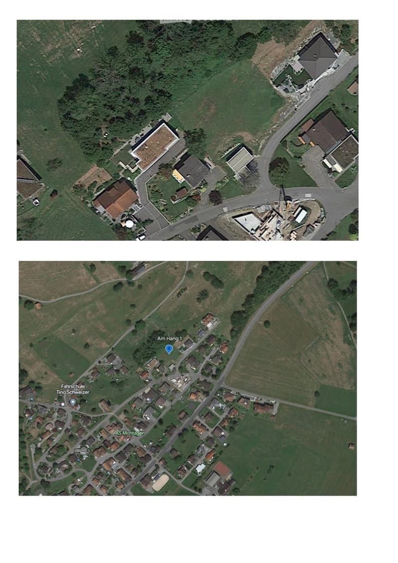 Aerial view of a residential area with multiple houses, roads, and surrounding greenery.