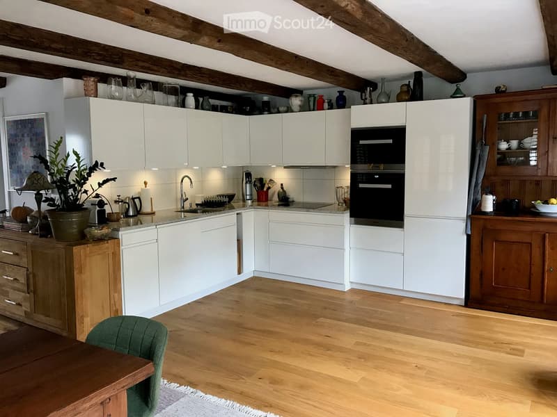 modern kitchen with white cabinetry, wooden floors, modern appliances, potted plant on counter, open shelving with decorative items