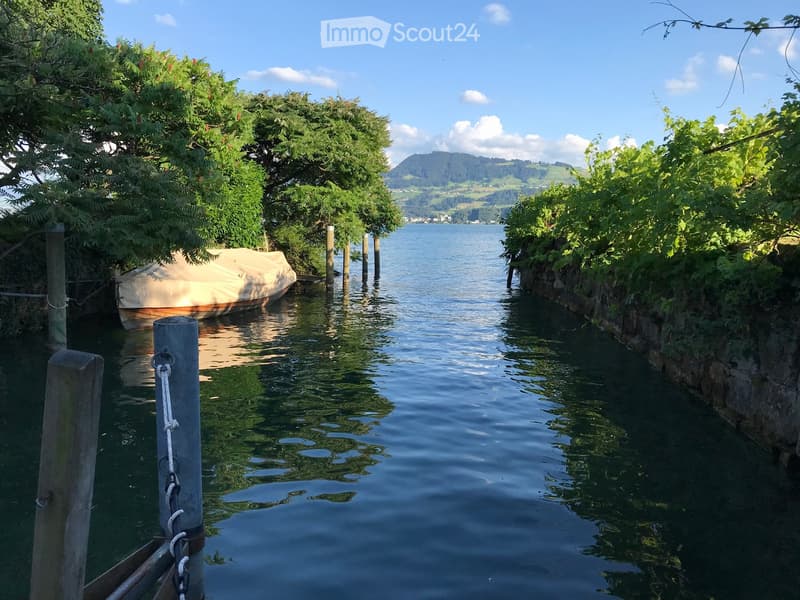 Boat in water, trees, lake, mountains