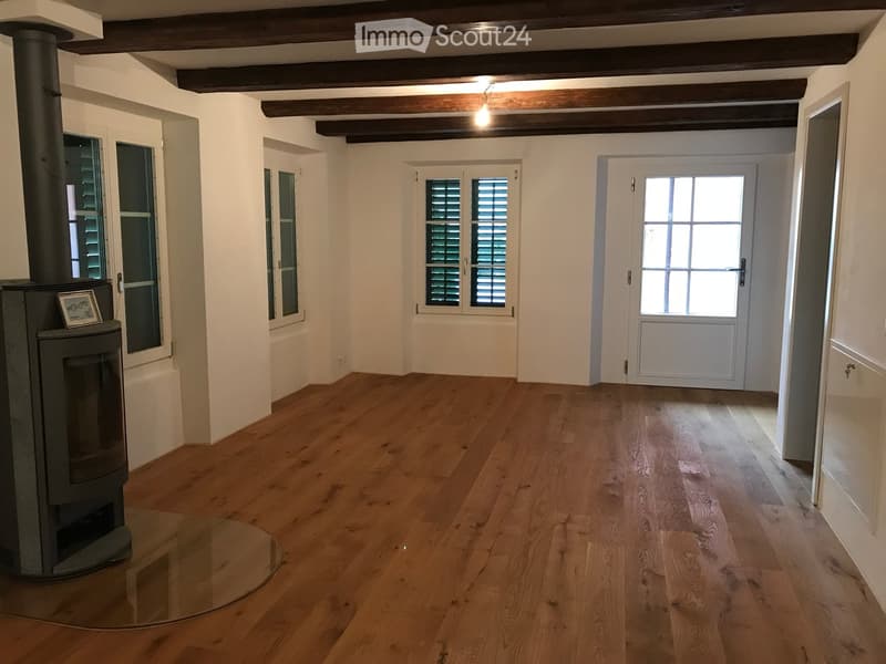wood floor, fireplace, two windows with shutters, two doors