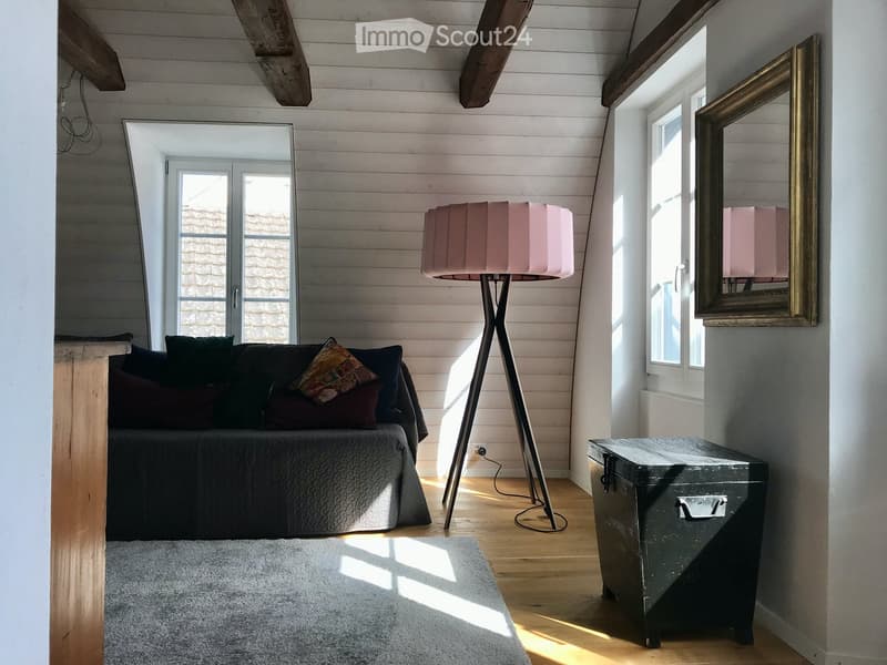 Furnished Room. Cozy living room with wooden walls, exposed beams, a dark grey sofa with patterned cushions, a tall pink floor lamp, a grey rug, and a vintage trunk.
