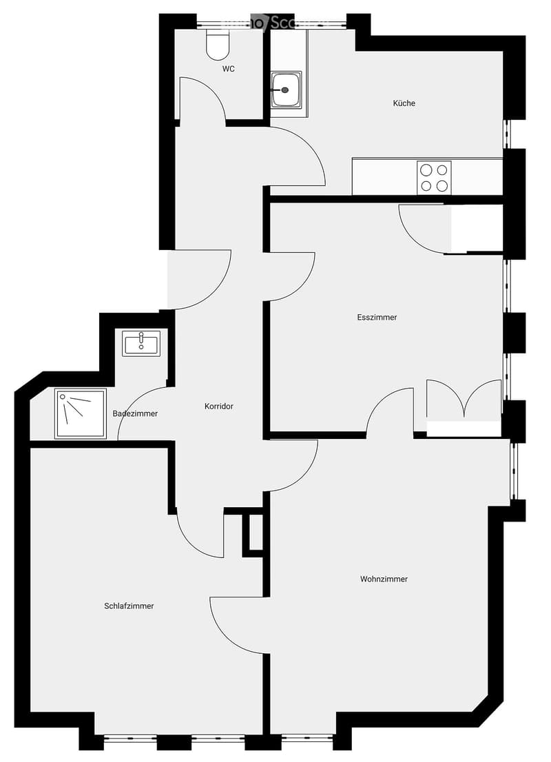 Layout includes a living room, bedroom, bathroom, kitchen, dining room, hallway, and WC.