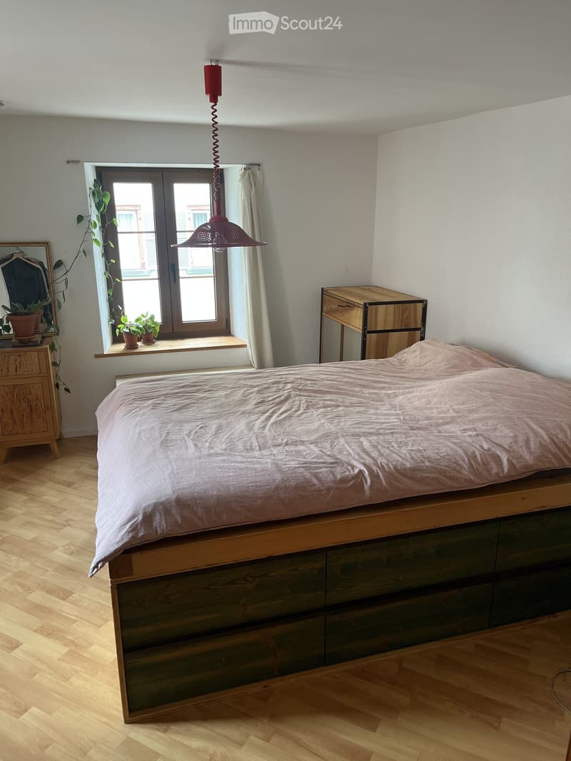 Cozy bedroom with a wooden bed, nightstand, mirror, and potted plants on the windowsill. The room features light wooden flooring and a hanging pendant light.