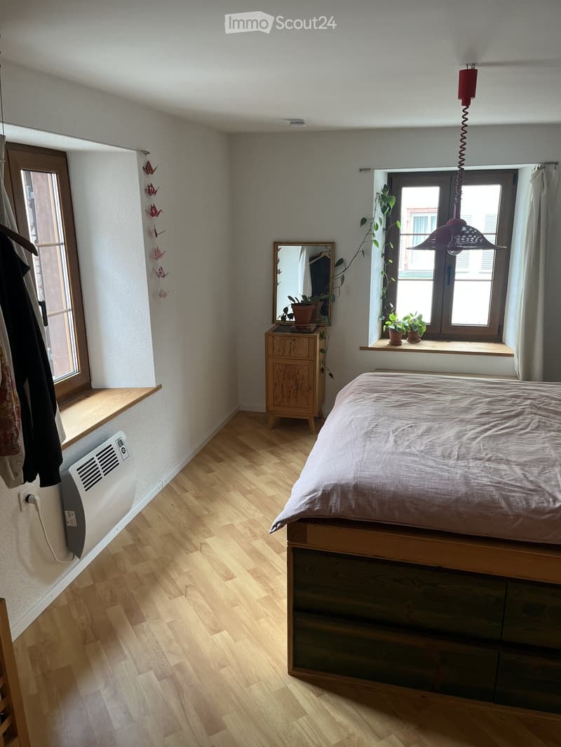 Cozy bedroom with wooden flooring, a bed with a light pink duvet, a wooden nightstand with a mirror and potted plant, and a hanging pendant light. Windows have potted plants on the sills and curtains.