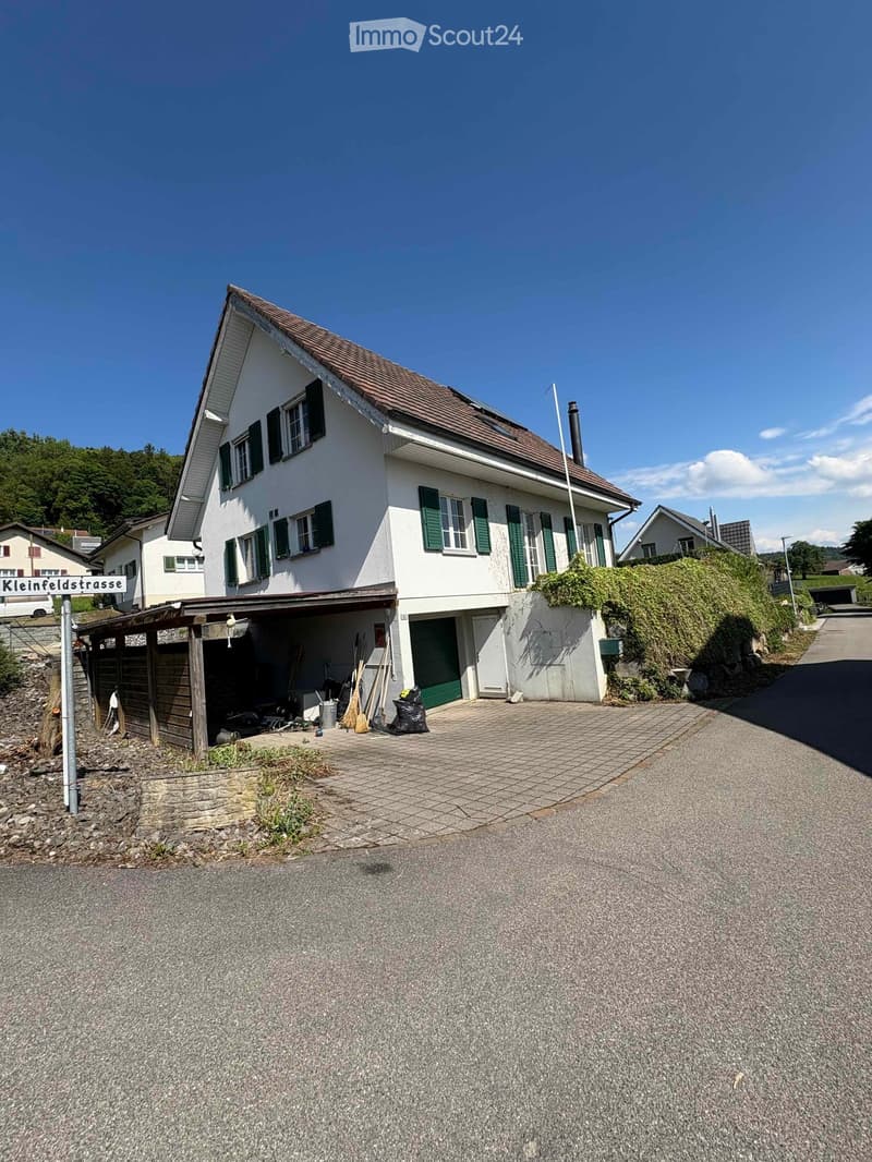 Two-story white house with green shutters, brown roof, and attached garage. The house is situated on a raised ground floor with a paved driveway and a small garden area.