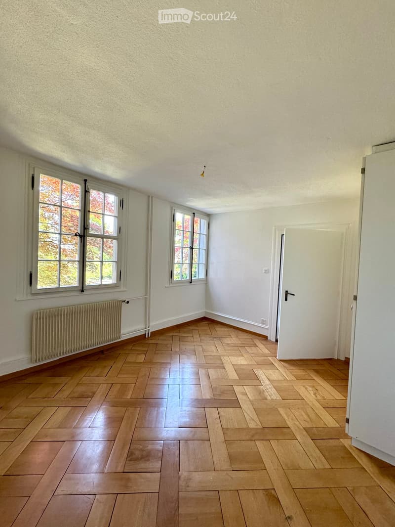 Empty room with wooden herringbone flooring, white walls, large windows with shutters, and a radiator under one window.