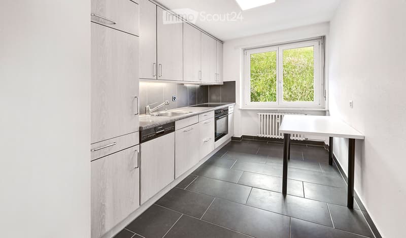 modern kitchen with white cabinets, black tiled floor, stainless steel sink, dishwasher, electric stove, window with view