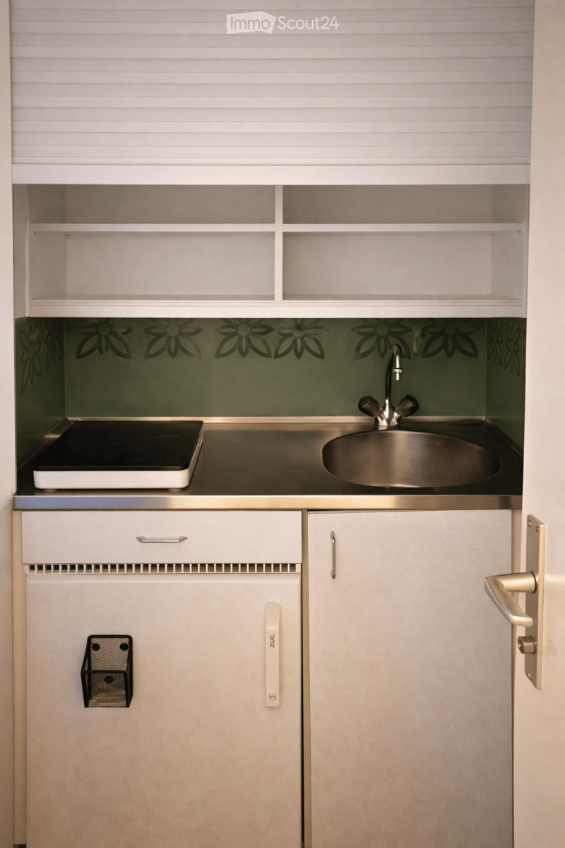 kitchenette, small stove, stainless steel sink, white shelves, green wallpaper, door