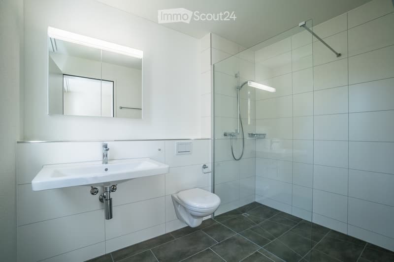 Modern bathroom with white tiles, a sink, toilet, mirror, and a glass-enclosed shower area.