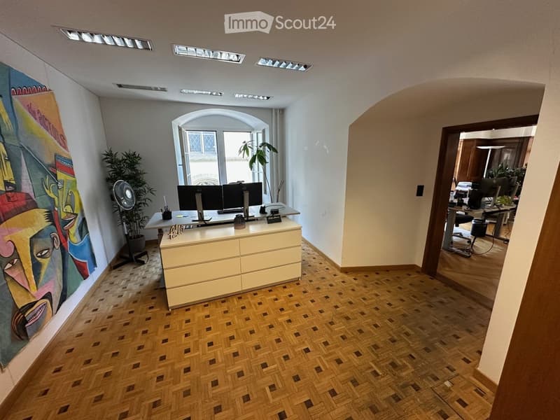 Office space with a reception desk, two computer screens, a fan, a potted plant, and a colorful mural on the wall. The floor is made of herringbone-patterned wood.