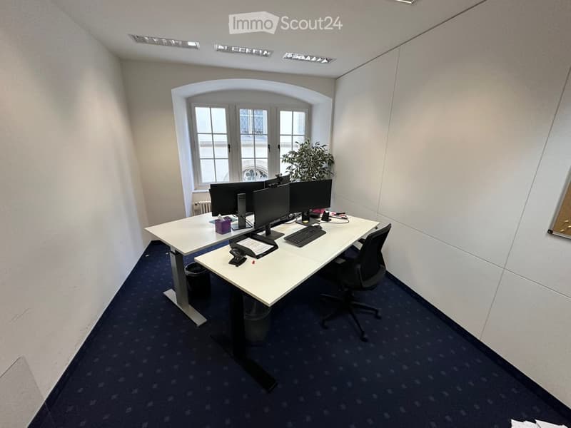 Office space with a standing desk, ergonomic chair, multiple computer monitors, keyboard, mouse, and a small plant near the window.