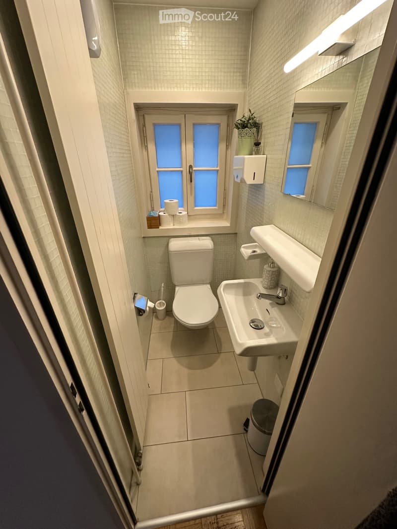 Modern, compact bathroom with white tiles, a toilet, a sink with a mirror, and a small window with frosted glass. Toilet paper and a hand soap dispenser are visible.