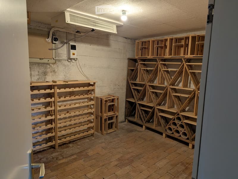 Empty storage room with wooden shelving units and concrete walls, featuring exposed pipes and electrical equipment.