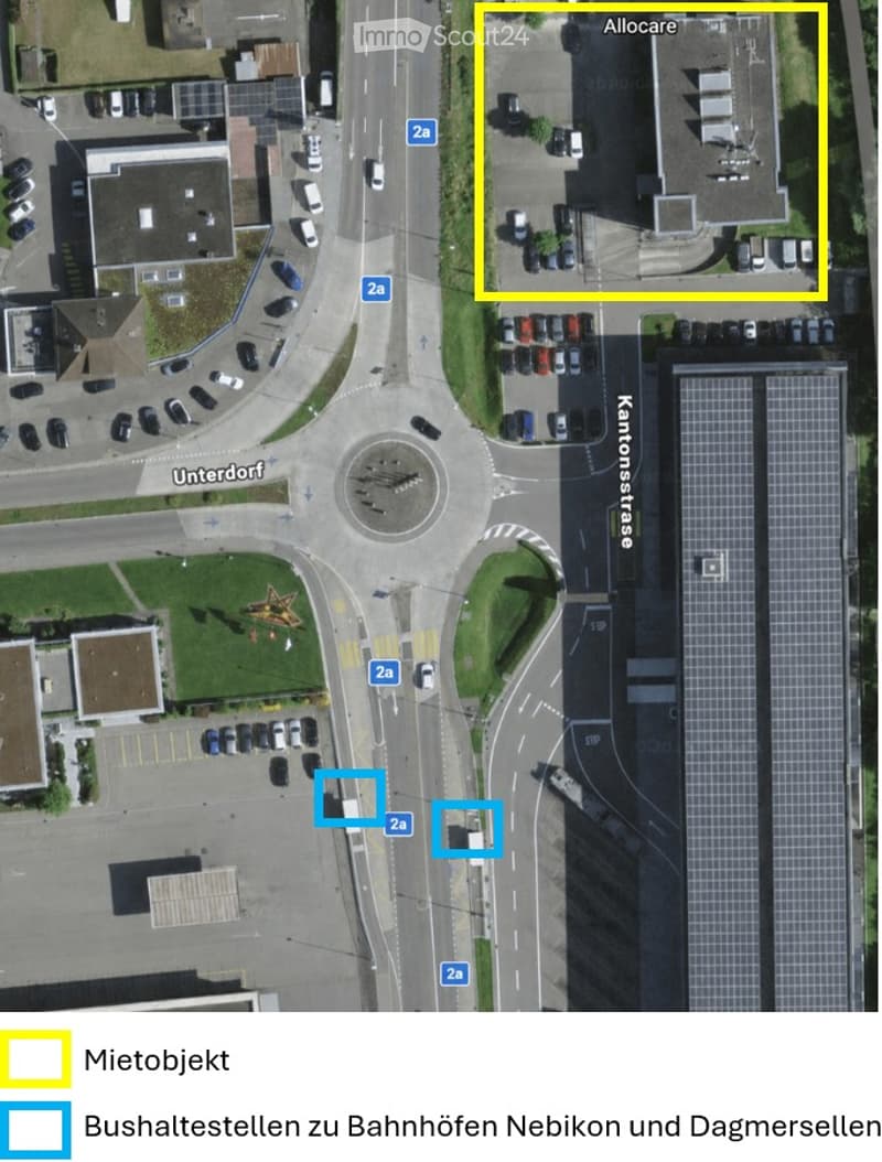 Aerial view of a residential area showing a building labeled 'Allocare' with parking spaces, nearby roads, and bus stops marked for Nebikon and Dagmersellen train stations.