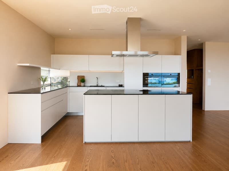 Modern kitchen with white cabinets, a central island, black countertops, and built-in appliances including an oven and range hood. The space features wooden flooring and a small potted plant on the counter.