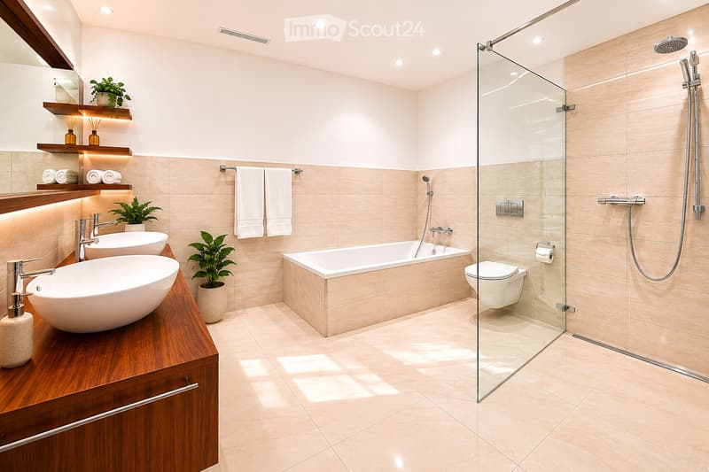 Modern bathroom with a bathtub, toilet, two sinks, glass shower enclosure, and decorative plants on shelves.