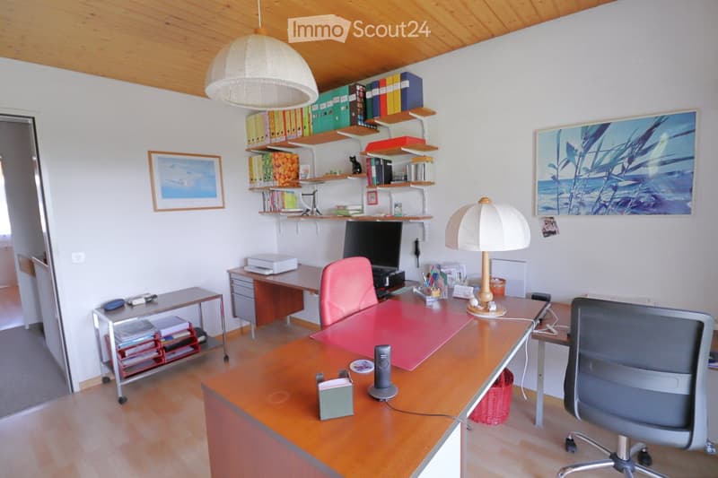 Office space with wooden flooring, white walls, and a slanted wooden ceiling. Features include a large wooden desk with a red mat, a pink office chair, a white pendant light, a wall-mounted shelf with binders and books, a small table with a lamp, and a co