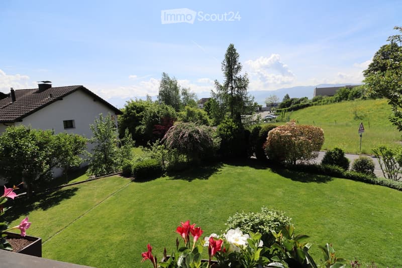 Well-maintained garden with green lawn, various flowering plants, shrubs, and trees, with a house and distant mountains visible in the background.