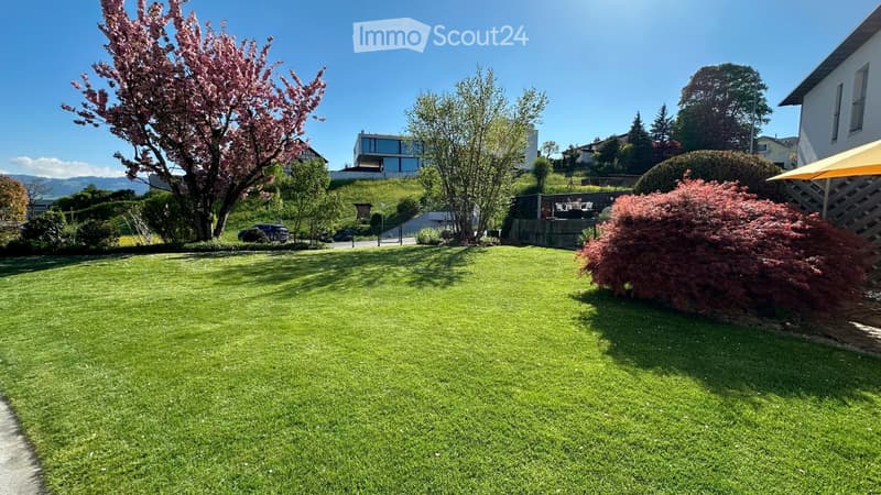 Well-maintained lawn with trees, shrubs, and a clear view of surrounding houses and mountains.