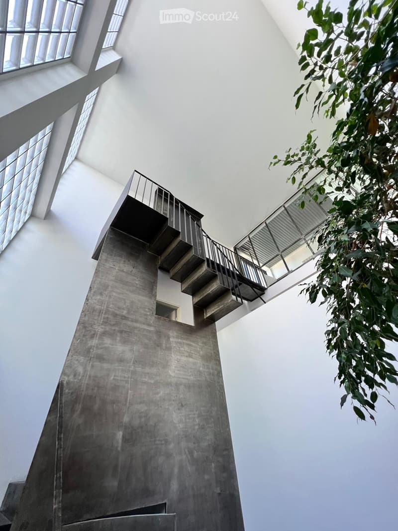 modern building with concrete staircase, glass windows, metal railings, and a plant