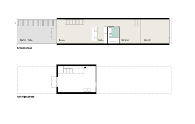 Floor plan of a two-story house with a garden/patio, dining area, kitchen, bedrooms, and living area on the upper level, and a smaller room on the lower level.