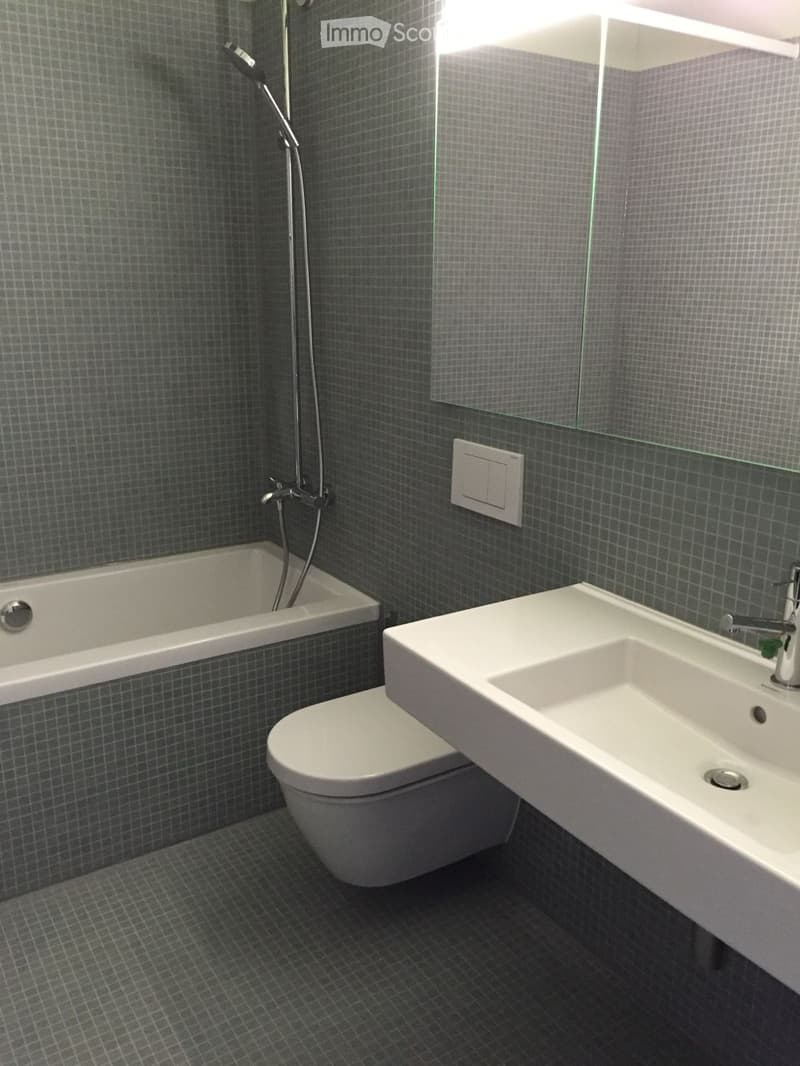 Modern bathroom with dark grey tiled walls and floor, featuring a bathtub, toilet, sink, and showerhead.