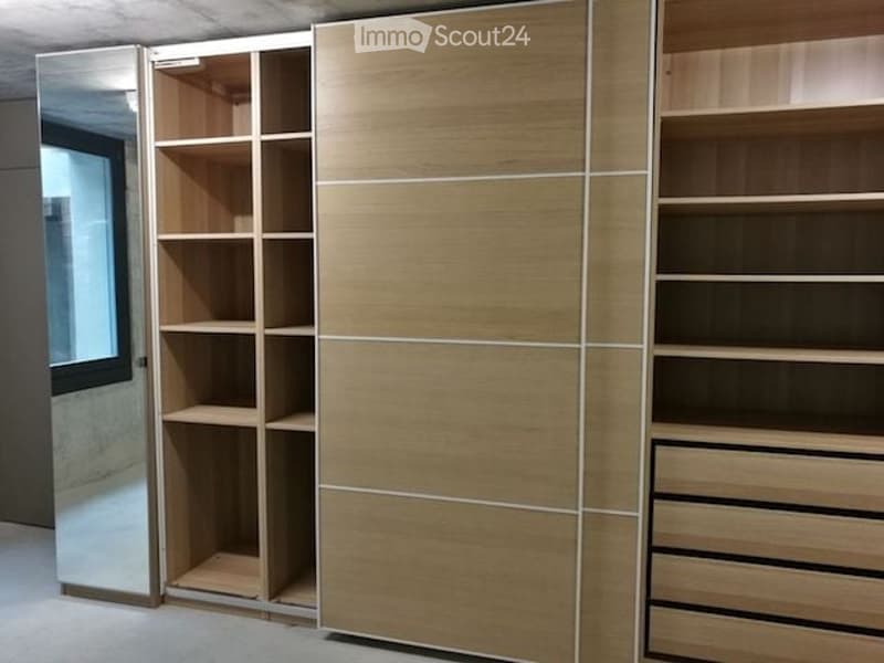 Empty room with modern wooden built-in shelving units and a mirrored door, featuring a clean and minimalist design.