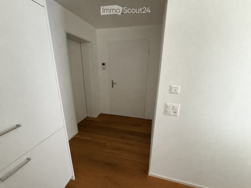 A clean, modern hallway with light wooden flooring, white walls, and a closed door. Electrical outlets and a thermostat are visible on the walls.