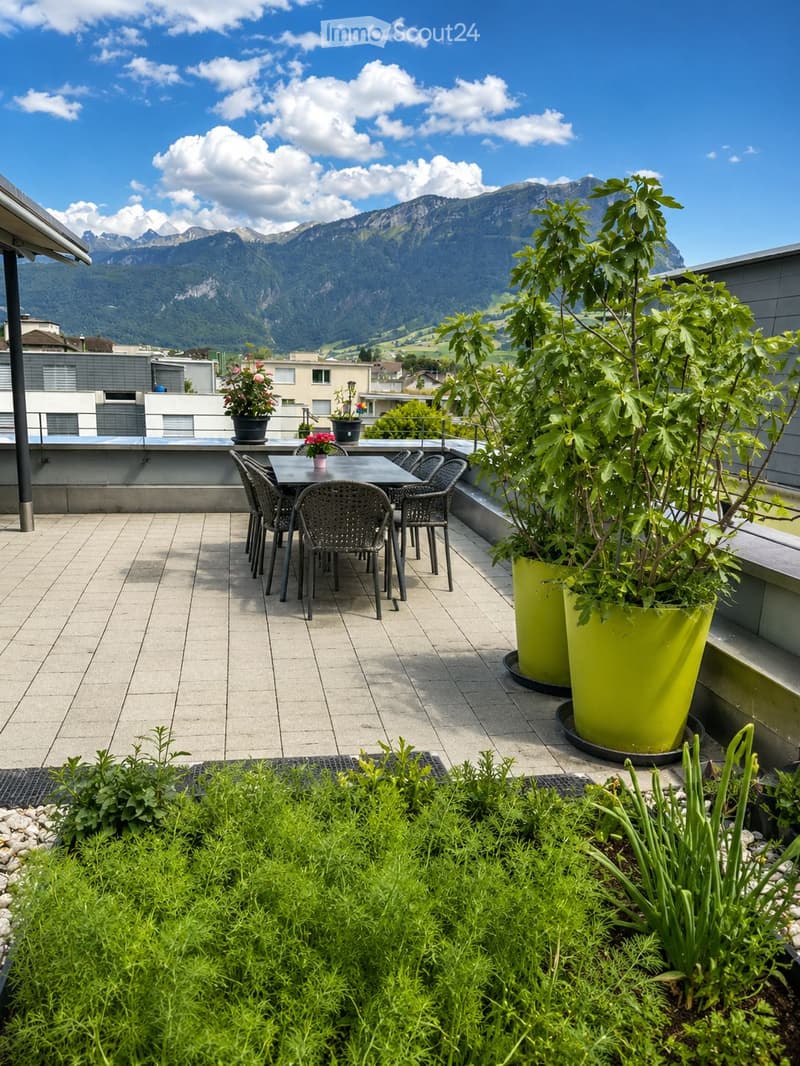 A modern rooftop terrace with a dining set, large potted plants, and a scenic mountain view.