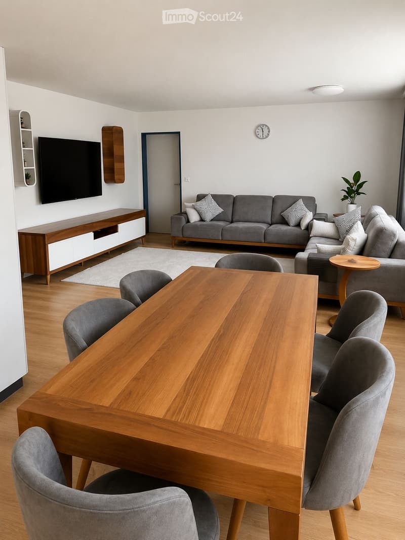 Modern living room with grey sofa, wooden coffee table, grey chairs, television, and a potted plant.
