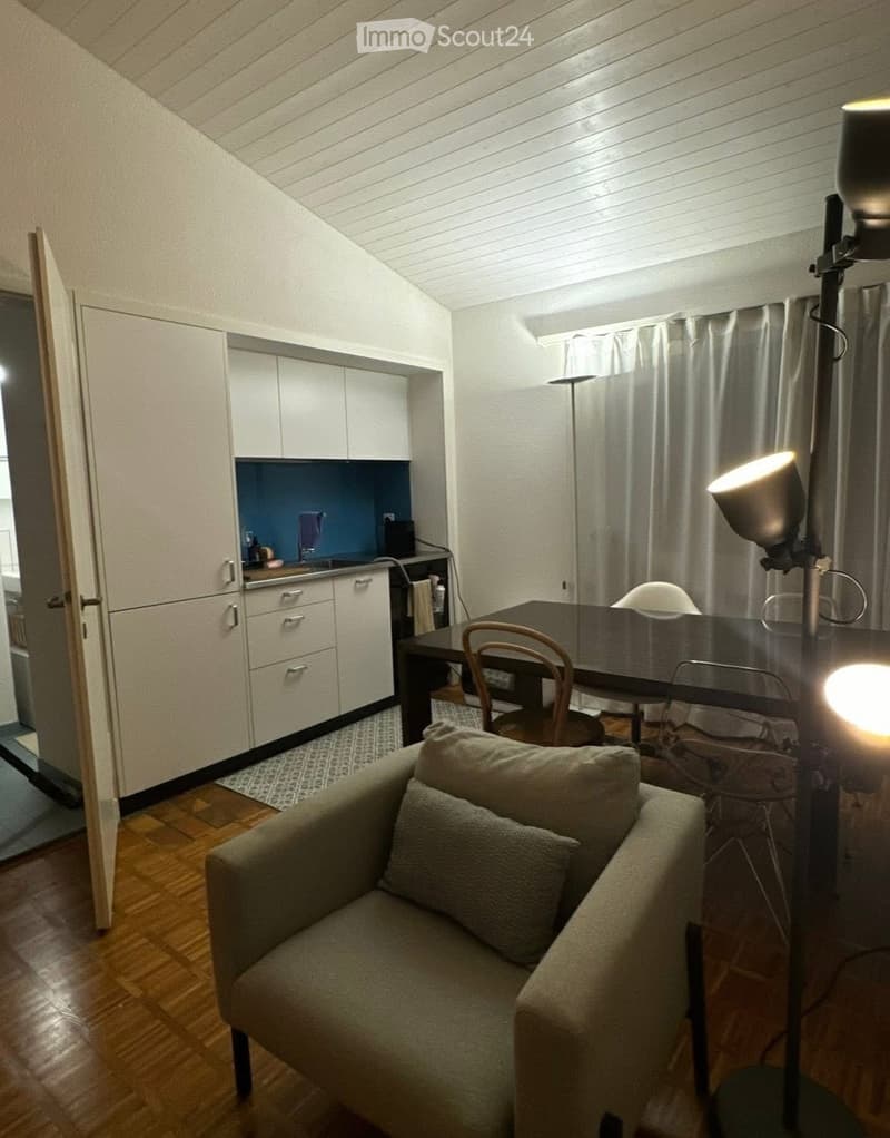 A modern, open-concept living and dining area with a grey sofa, wooden dining table, and kitchen area featuring white cabinets and a dark countertop.