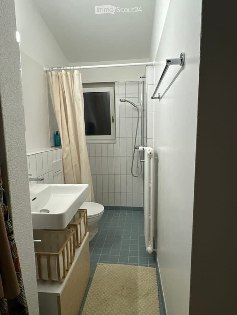 Bathroom with white tiled walls, blue tiled floor, sink, toilet, shower with curtain, towel rack, radiator, and a small rug.