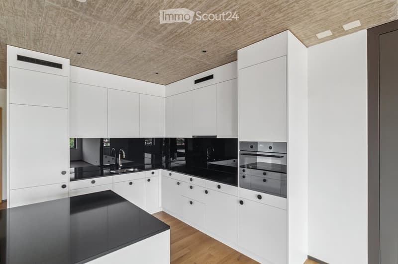 Modern kitchen with white cabinets, black countertops, and a built-in oven. Features a sleek design with a wooden floor and recessed lighting.