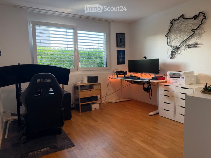 Modern office space with wooden flooring, large windows, ergonomic chair, dual monitors, desk, storage unit, and artwork on the wall.