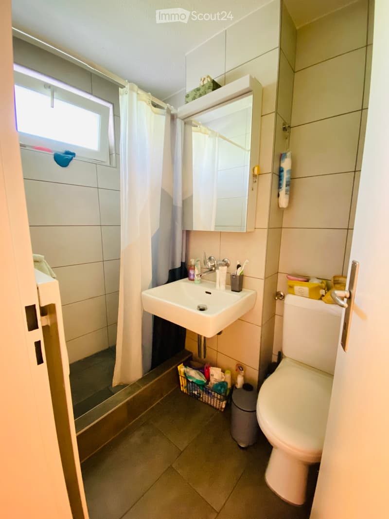 Bathroom with a sink, toilet, mirror, shower area with a curtain, and a small basket on the floor.