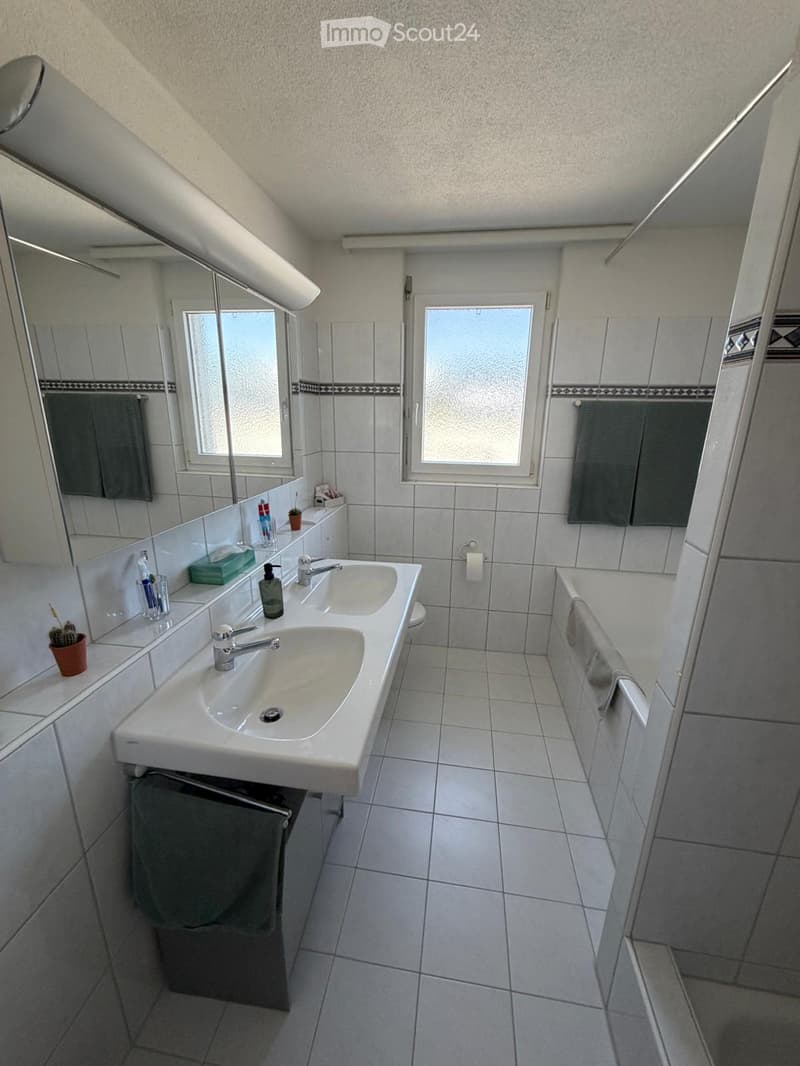 Modern bathroom with double sink, large mirror, bathtub, and tiled walls and floor. Includes towels, toothbrush, toothpaste, soap dispenser, and a small cactus on the windowsill.