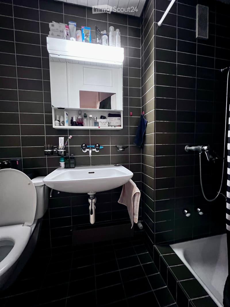 Modern bathroom with dark tiled walls and floor, white sink, toilet, mirror cabinet, and a shower area with a towel hanging on the wall.