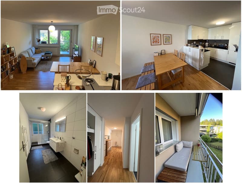A collage of four images showcasing a modern, well-furnished apartment. The living room features a sofa, coffee table, and TV. The dining area has a wooden table and chairs. The kitchen is equipped with white cabinets and appliances. The bathroom includes