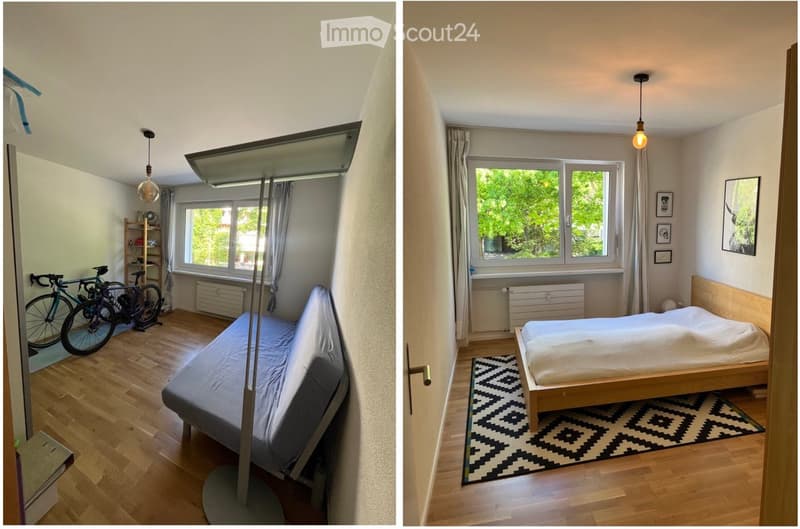 Two images of a modern bedroom with a wooden floor, a bed with a grey duvet, a bicycle, a shelf, and a patterned rug.